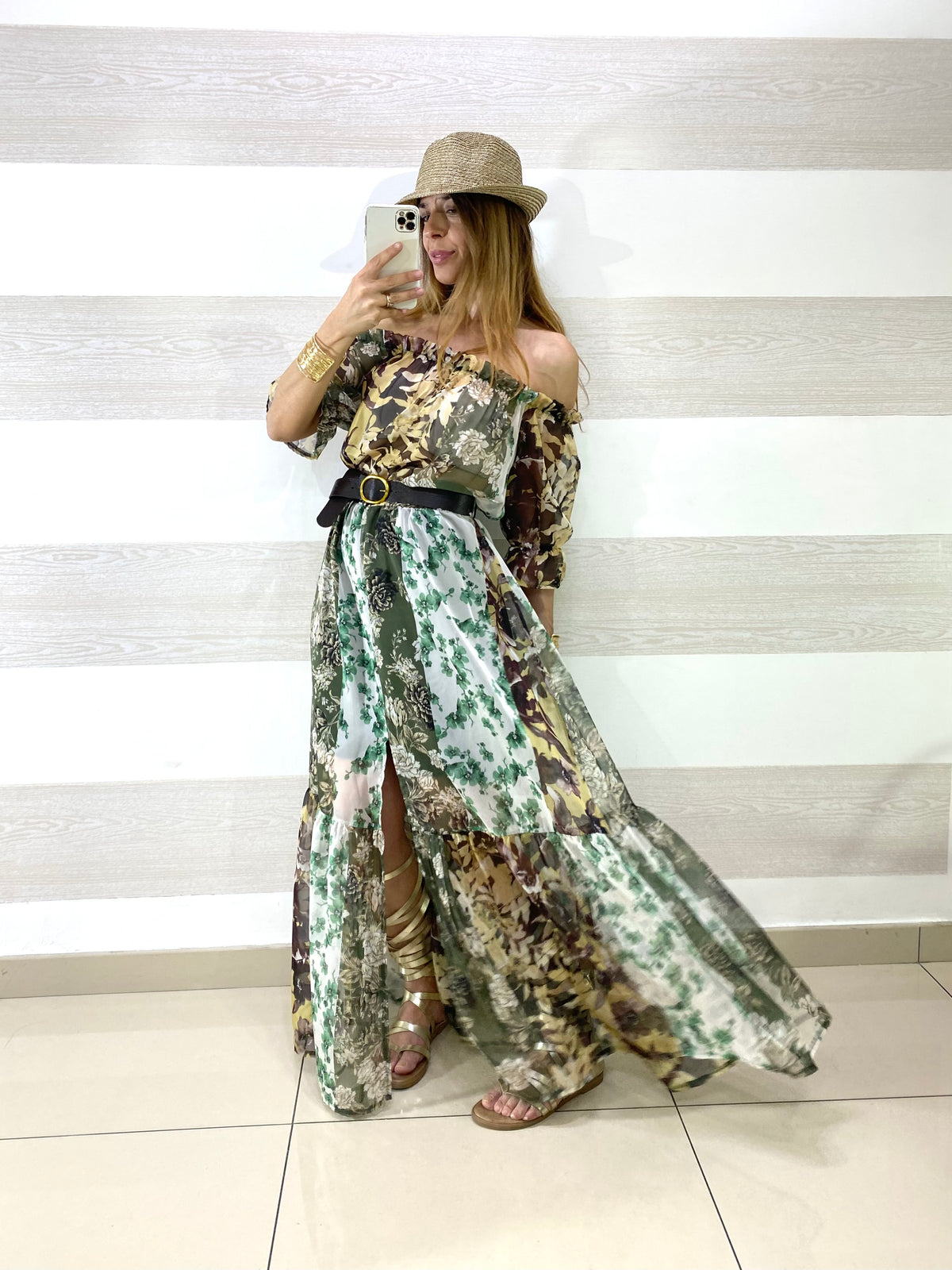 Vestito Mirka Tipo Chiffon Flowers con Spacco