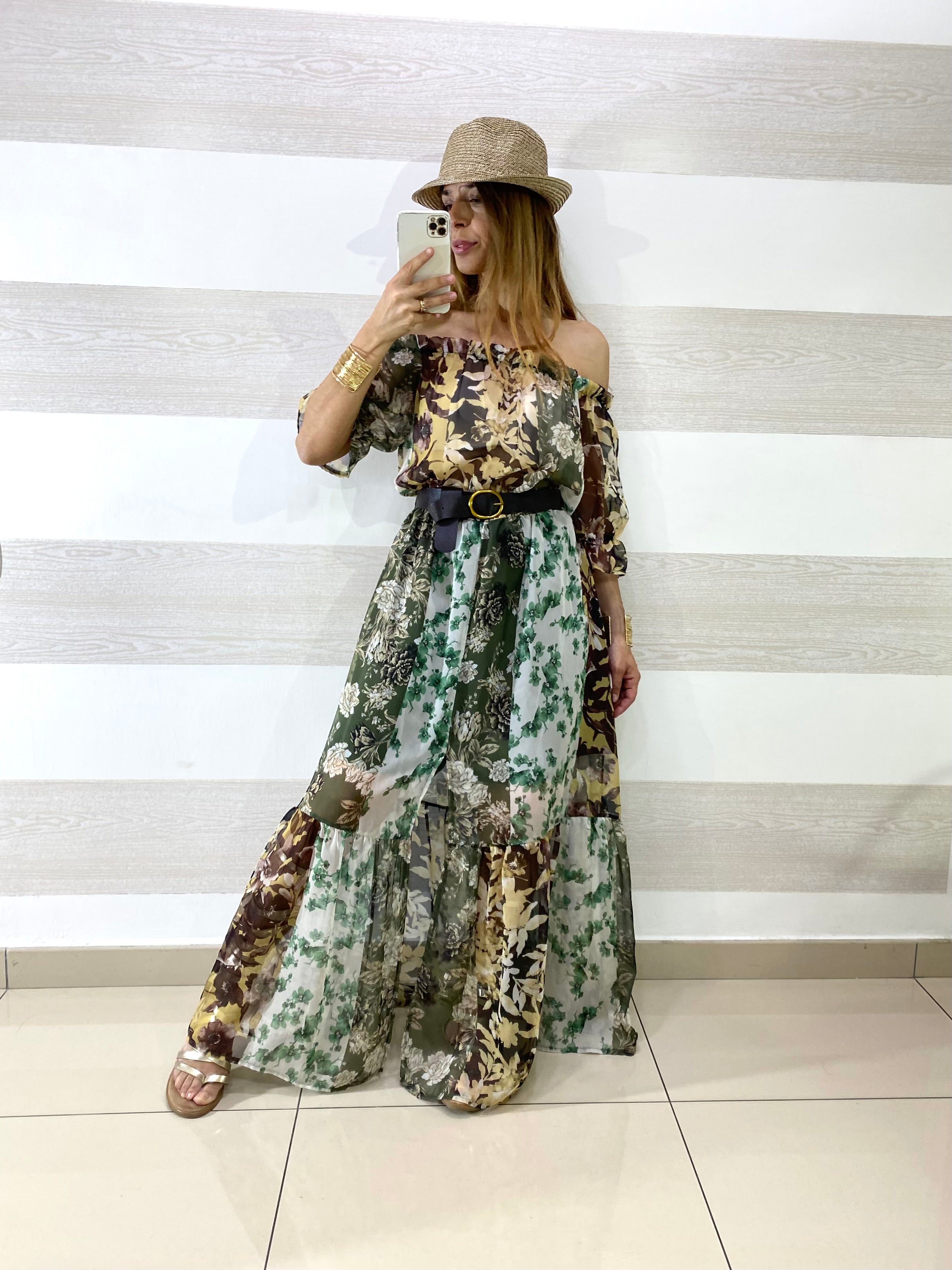 Vestito Mirka Tipo Chiffon Flowers con Spacco