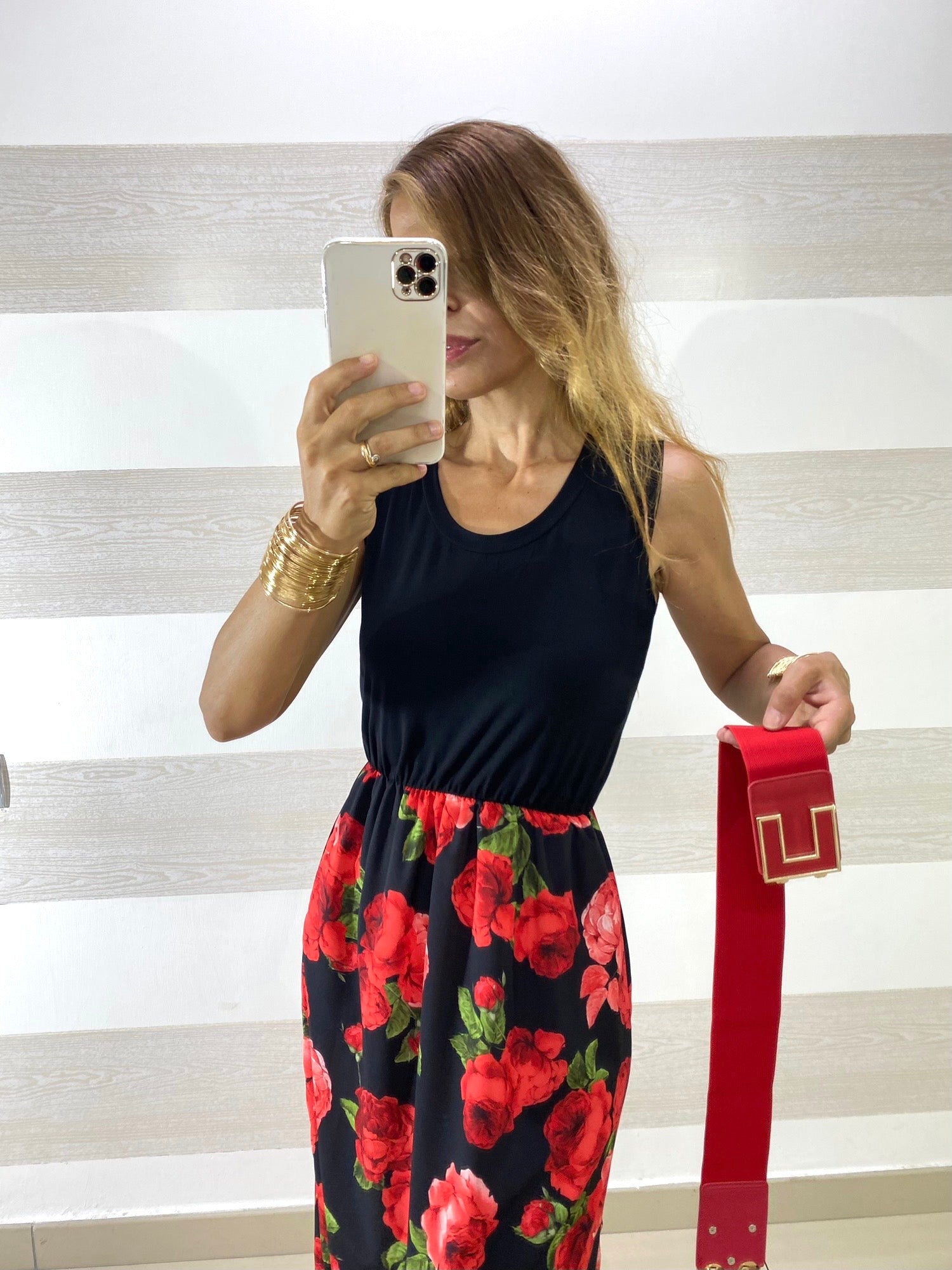 Vestito Samoa Nero Fantasia Rose con Spacchi