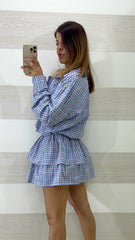 Vestito Seraphina a Quadretti con Bottoncini e Gonna Balze